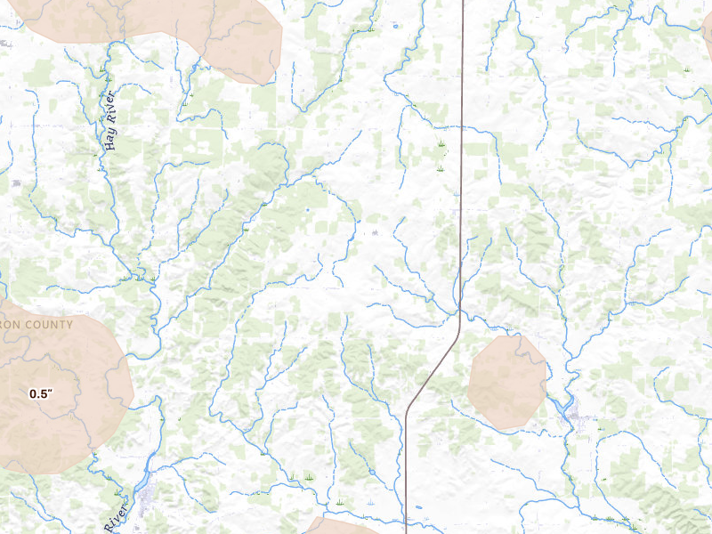 Radar-estimated hail-size map of the storm over Dallas, WI on Jul 17, 2026
