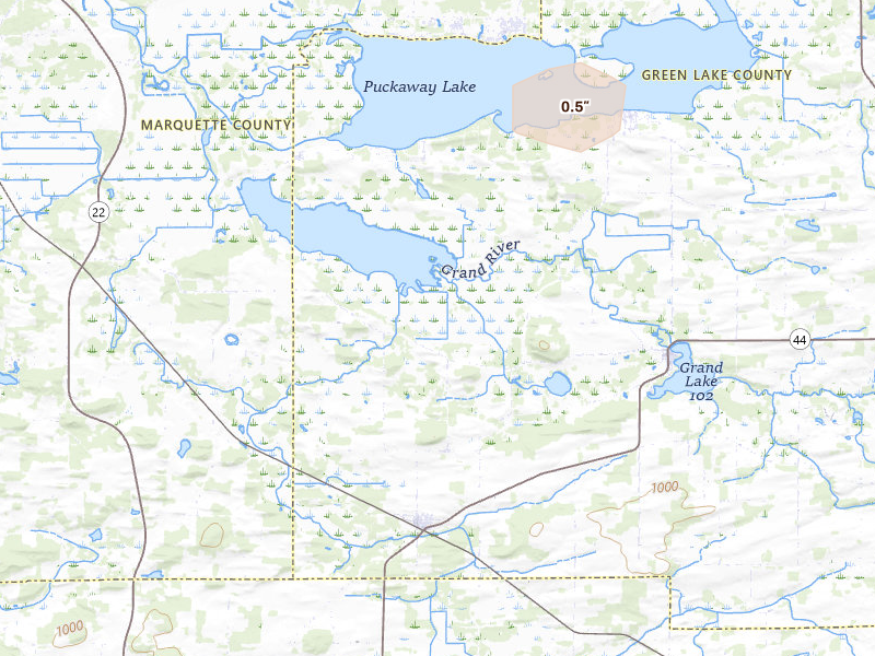Radar-estimated hail-size map of the storm over Dalton, WI on Jun 5, 2026