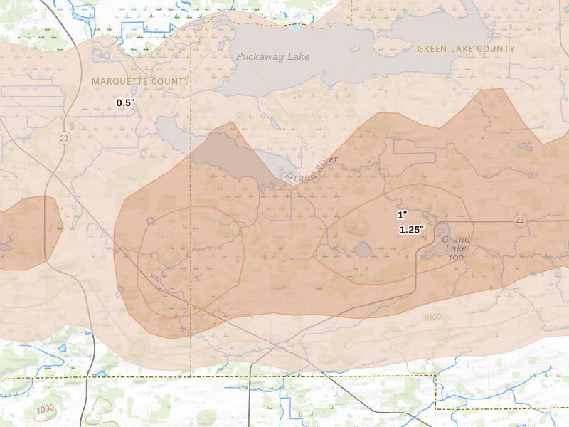 Radar-estimated hail-size map of the storm over Dalton, WI on Jul 1, 2026