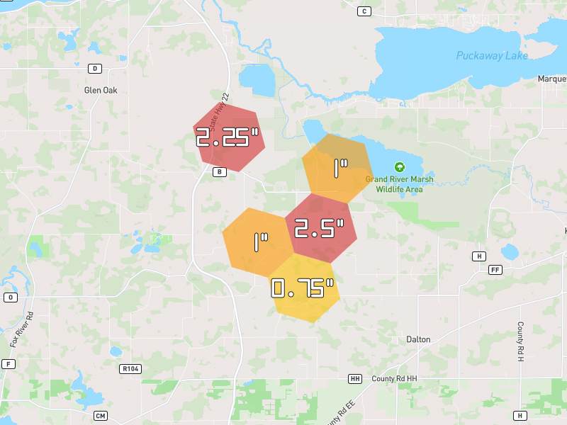 Hail map of Dalton, WI on Jul 1, 2026, hail up to 2.5"
