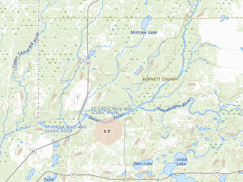 Radar-estimated hail-size map of the storm over Danbury, WI on Apr 17, 2026