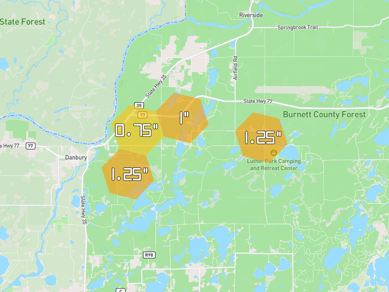 Hail map of Danbury, WI on Jun 5, 2026, hail up to 1.25"