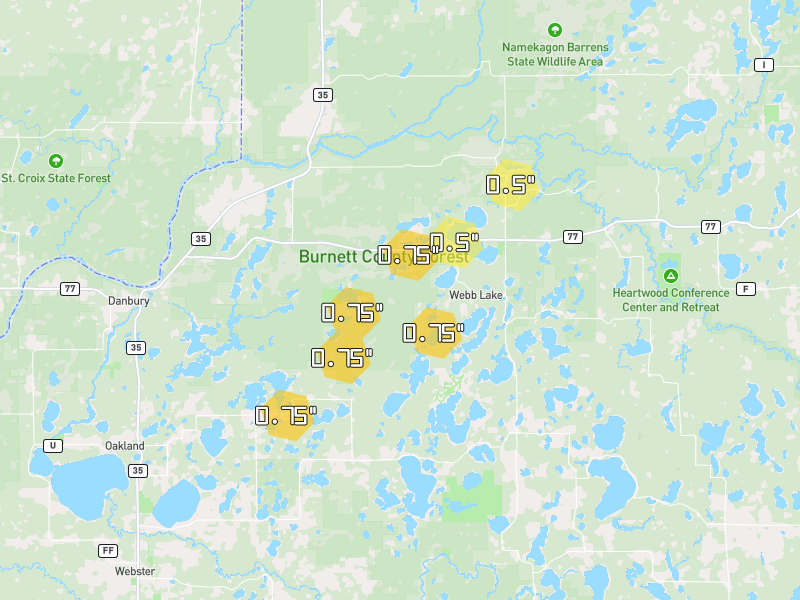 Hail map of Danbury, WI on Jun 29, 2026, hail up to 0.75"