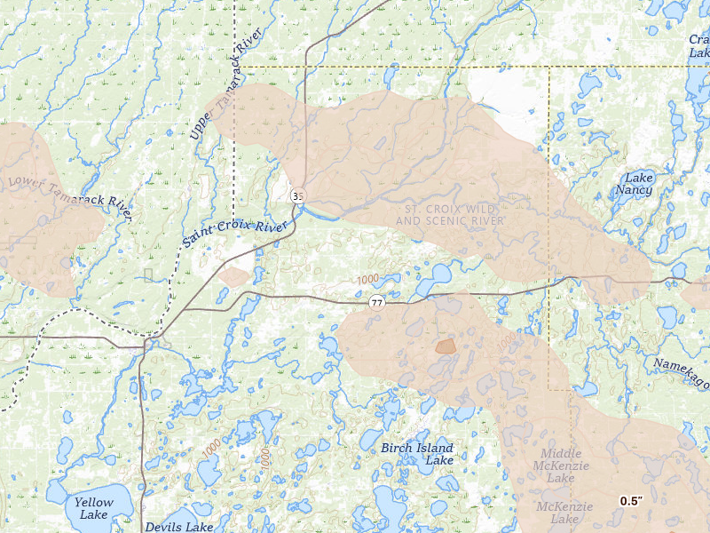 Radar-estimated hail-size map of the storm over Danbury, WI on Aug 25, 2026