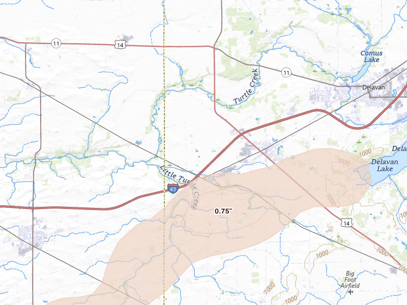 Radar-estimated hail-size map of the storm over Darien, WI on Mar 31, 2026