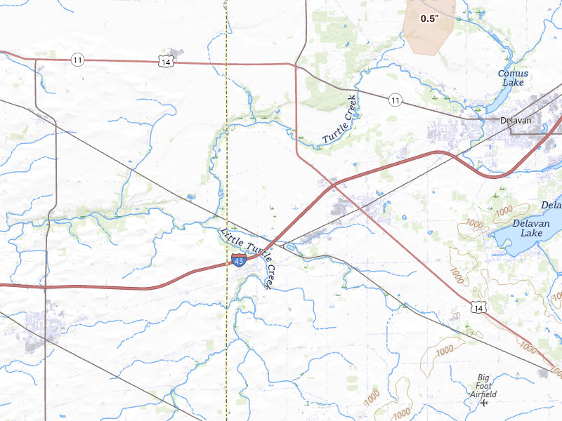 Radar-estimated hail-size map of the storm over Darien, WI on May 17, 2026