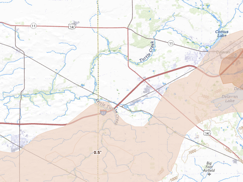 Radar-estimated hail-size map of the storm over Darien, WI on Jul 3, 2026