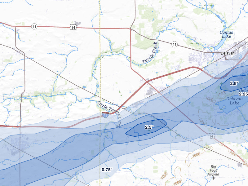NEXRAD radar-signature map of the hail storm over Darien, WI on Jul 3, 2026