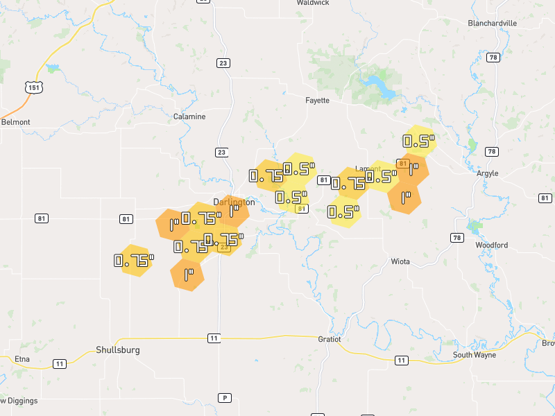 Hail map of Darlington, WI on Jul 1, 2026, hail up to 1"