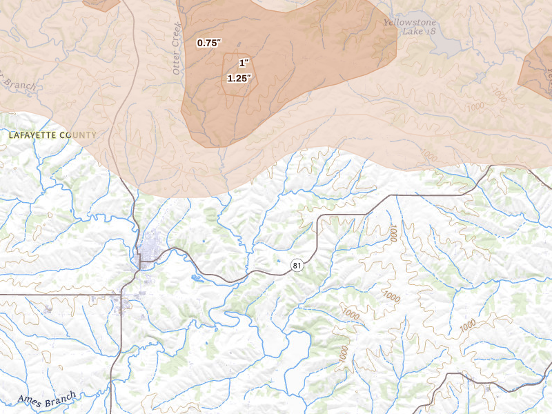 Radar-estimated hail-size map of the storm over Darlington, WI on Jul 2, 2026