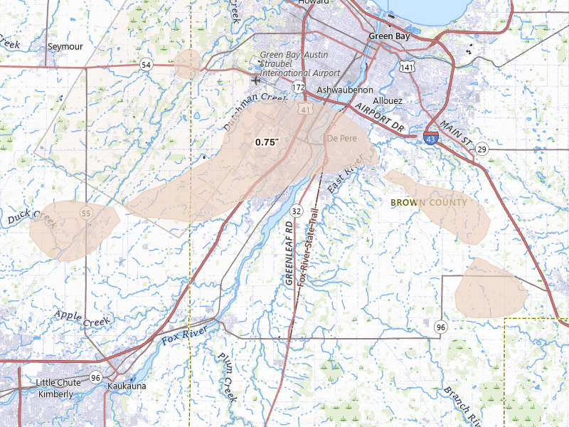 Radar-estimated hail-size map of the storm over De Pere, WI on Jun 16, 2026