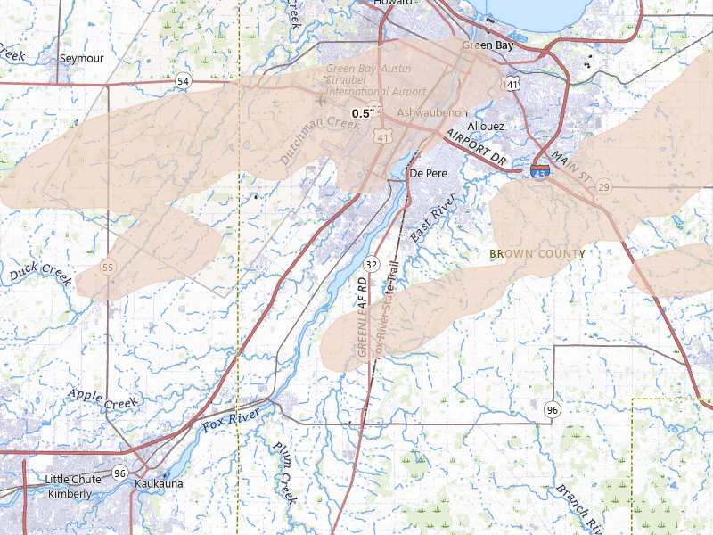 Radar-estimated hail-size map of the storm over De Pere, WI on Jun 30, 2026