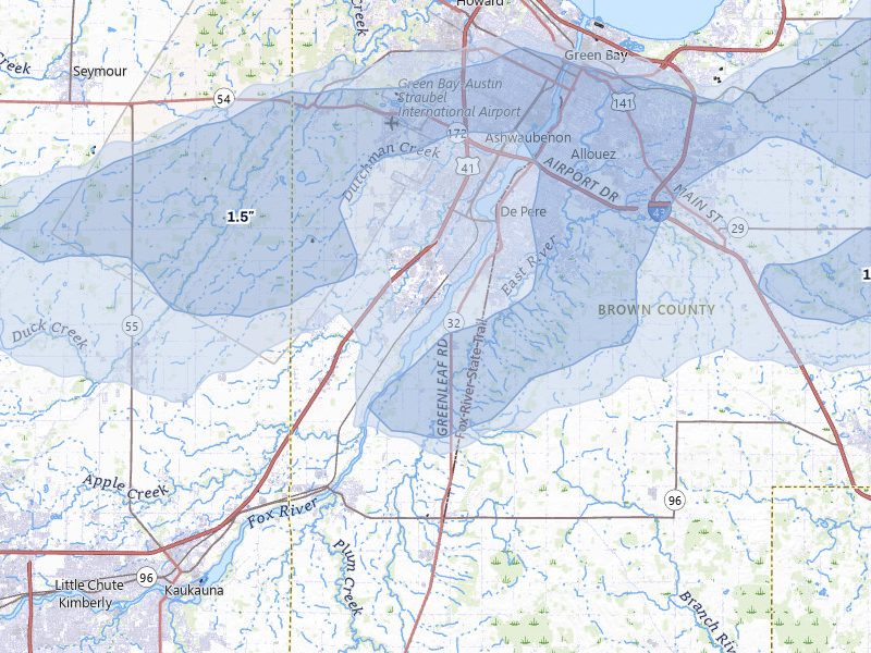 NEXRAD radar-signature map of the hail storm over De Pere, WI on Jun 30, 2026