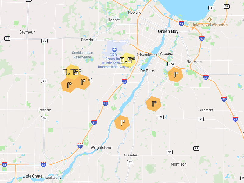 Hail map of De Pere, WI on Jun 30, 2026, hail up to 1"