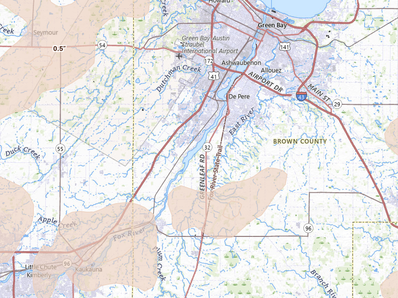 Radar-estimated hail-size map of the storm over De Pere, WI on Jul 1, 2026