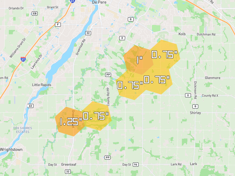 Hail map of De Pere, WI on Jul 1, 2026, hail up to 1.25"