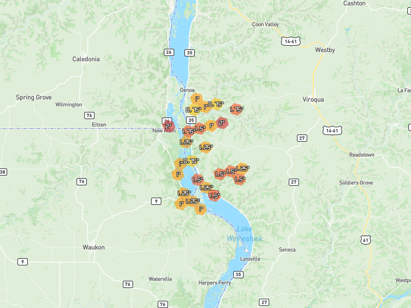 Hail map of De Soto, WI on Jul 1, 2026, hail up to 2"