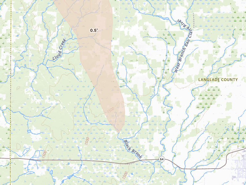 Radar-estimated hail-size map of the storm over Deerbrook, WI on May 27, 2026