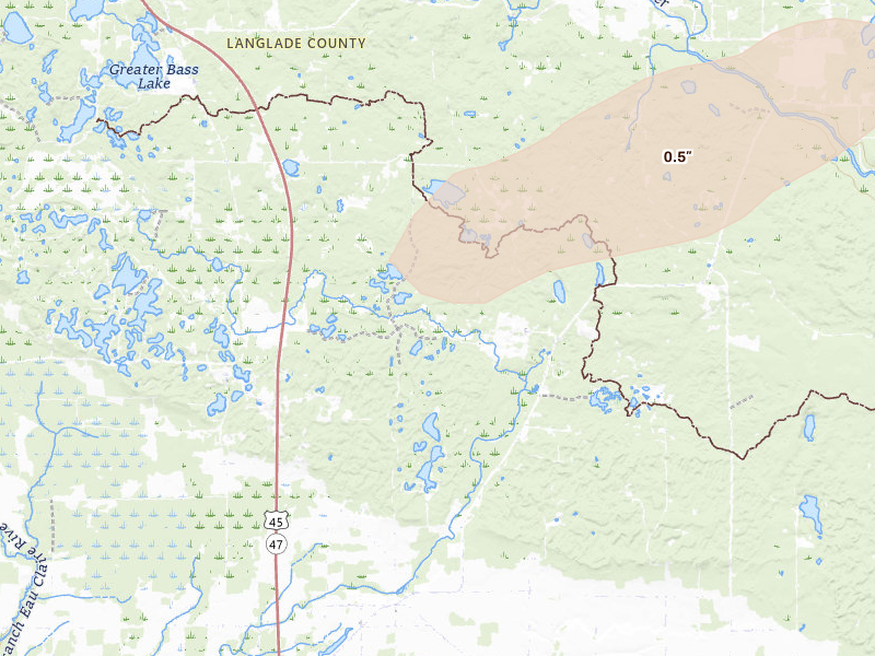 Radar-estimated hail-size map of the storm over Deerbrook, WI on Aug 7, 2026