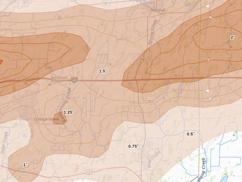Radar-estimated hail-size map of the storm over Deerfield, WI on Apr 14, 2026