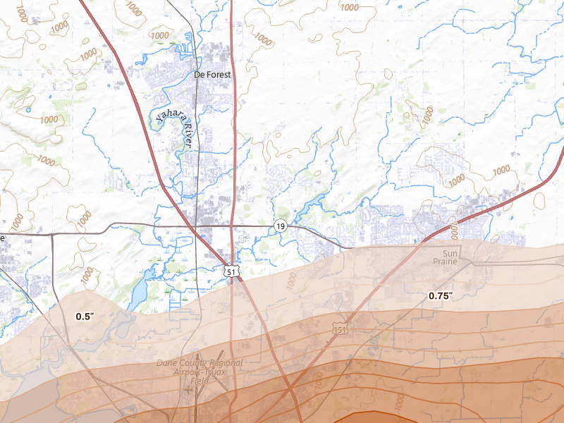 Radar-estimated hail-size map of the storm over Deforest, WI