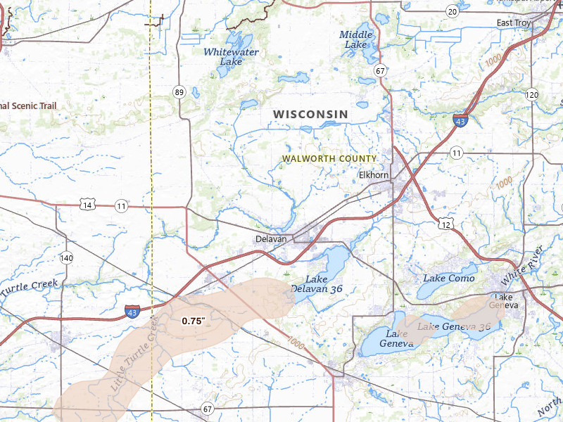 Radar-estimated hail-size map of the storm over Delavan, WI on Mar 31, 2026