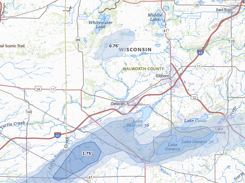 NEXRAD radar-signature map of the hail over Delavan, WI