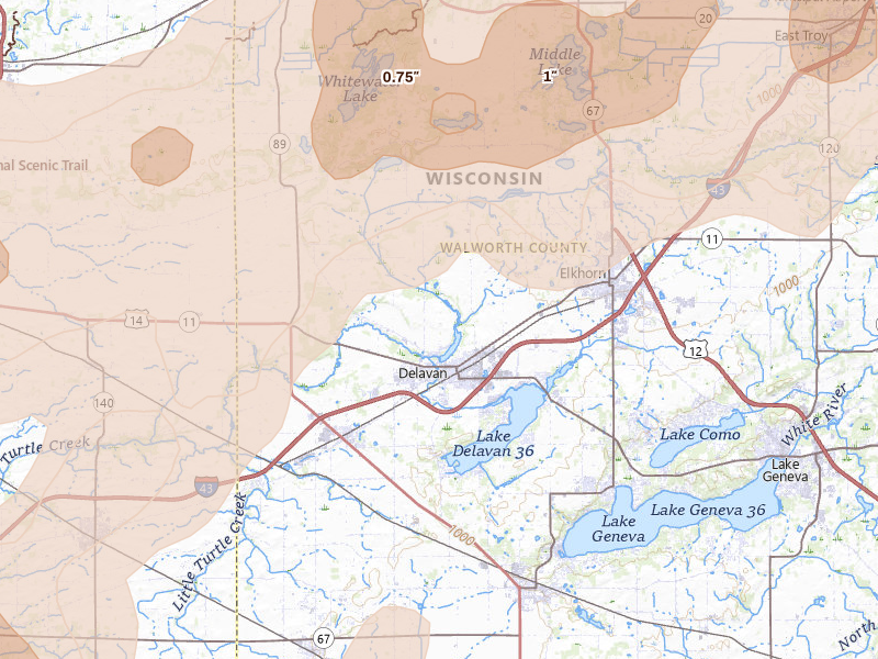 Radar-estimated hail-size map of the storm over Delavan, WI on Apr 17, 2026