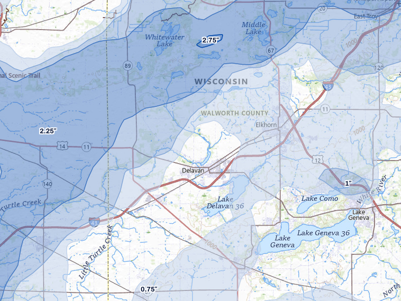 NEXRAD radar-signature map of the hail over Delavan, WI