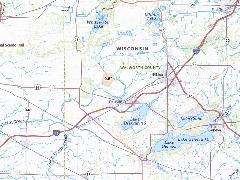 Radar-estimated hail-size map of the storm over Delavan, WI on May 17, 2026