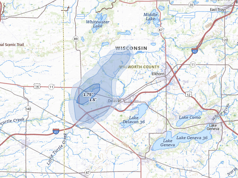 NEXRAD radar-signature map of the hail storm over Delavan, WI on May 17, 2026