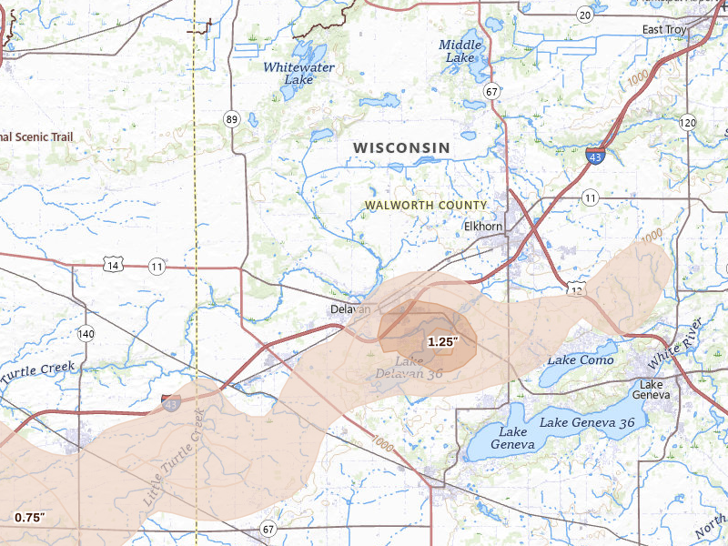 Radar-estimated hail-size map of the storm over Delavan, WI on Jul 3, 2026