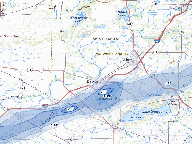 NEXRAD radar-signature map of the hail storm over Delavan, WI on Jul 3, 2026