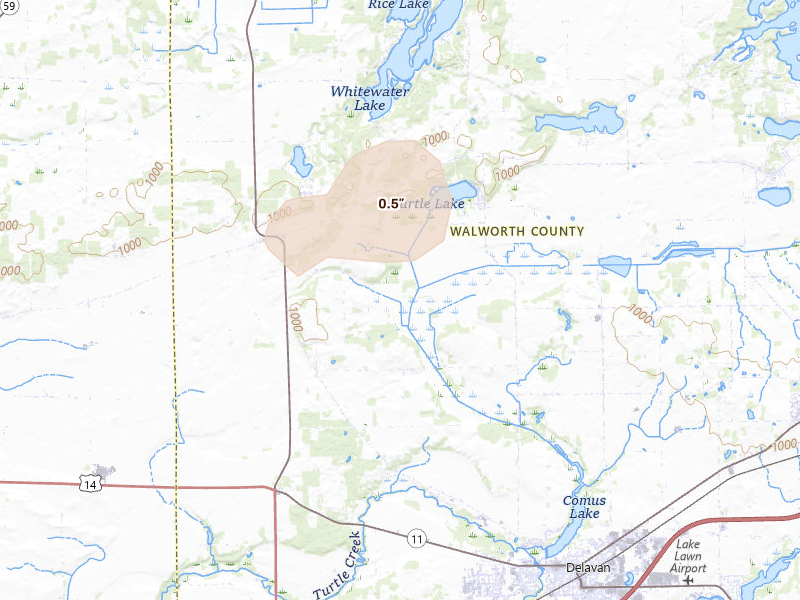 Radar-estimated hail-size map of the storm over Delavan, WI on Aug 9, 2026
