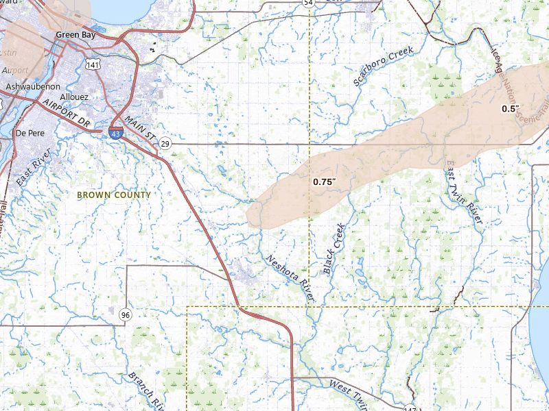 Radar-estimated hail-size map of the storm over Denmark, WI