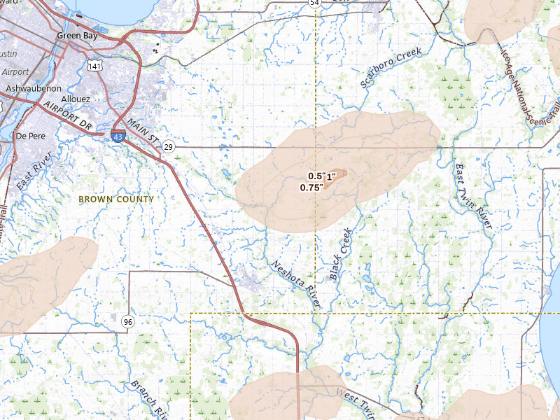 Radar-estimated hail-size map of the storm over Denmark, WI on Jul 1, 2026
