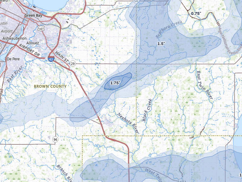 NEXRAD radar-signature map of the hail storm over Denmark, WI on Jul 1, 2026
