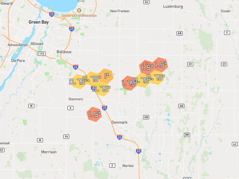 Hail map of Denmark, WI on Jul 1, 2026, hail up to 1.75"