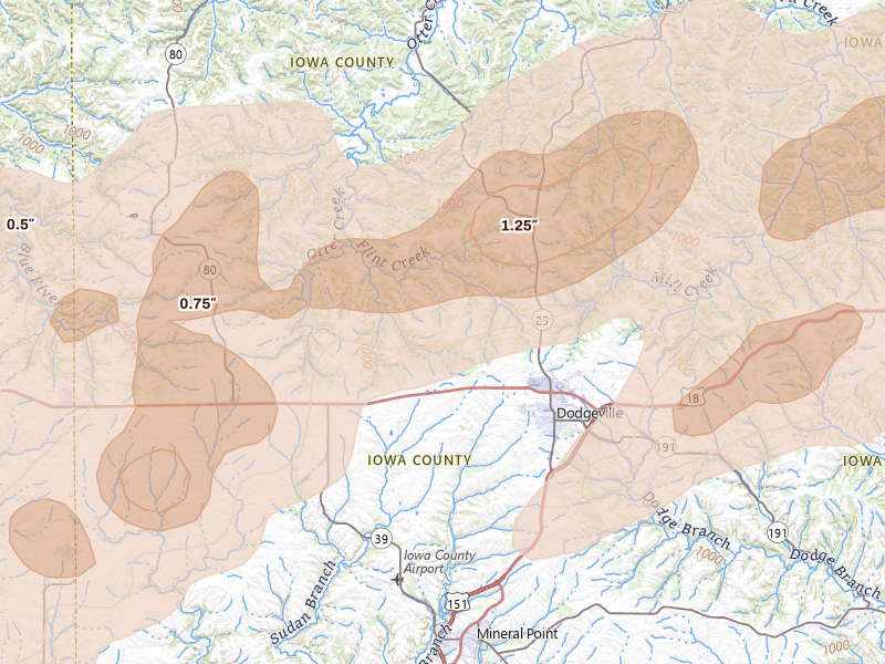 Radar-estimated hail-size map of the storm over Dodgeville, WI