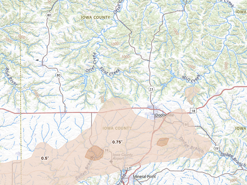 Radar-estimated hail-size map of the storm over Dodgeville, WI on Jul 2, 2026