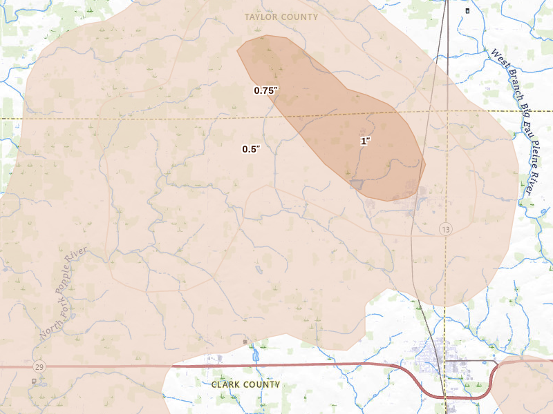 Radar-estimated hail-size map of the storm over Dorchester, WI on Jun 9, 2026