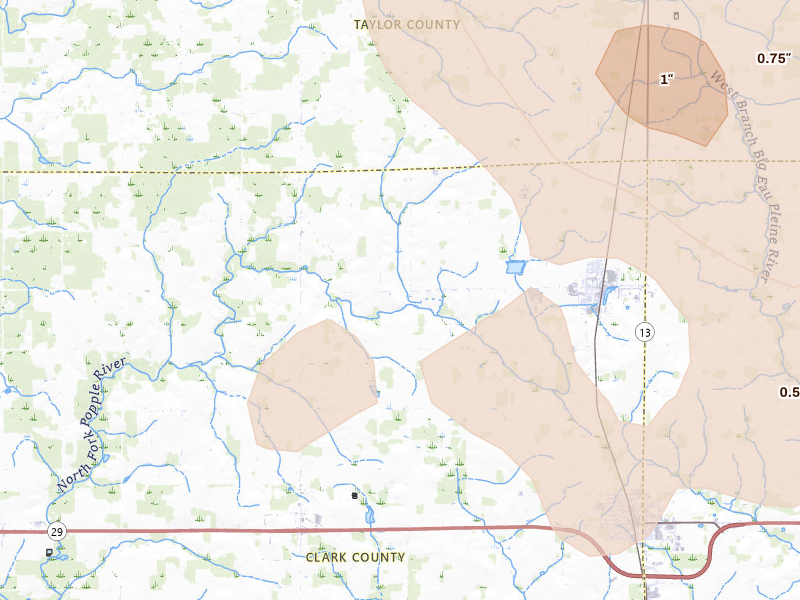 Radar-estimated hail-size map of the storm over Dorchester, WI on Jun 10, 2026