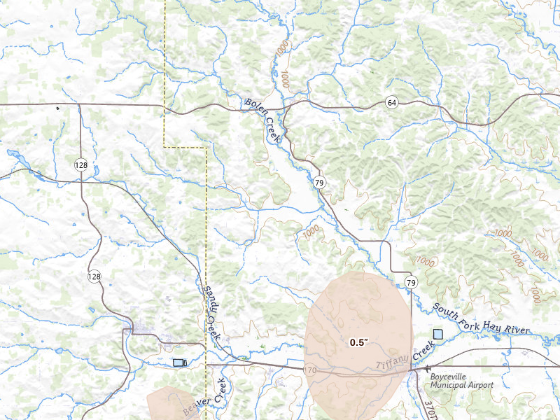 Radar-estimated hail-size map of the storm over Downing, WI on Jun 9, 2026
