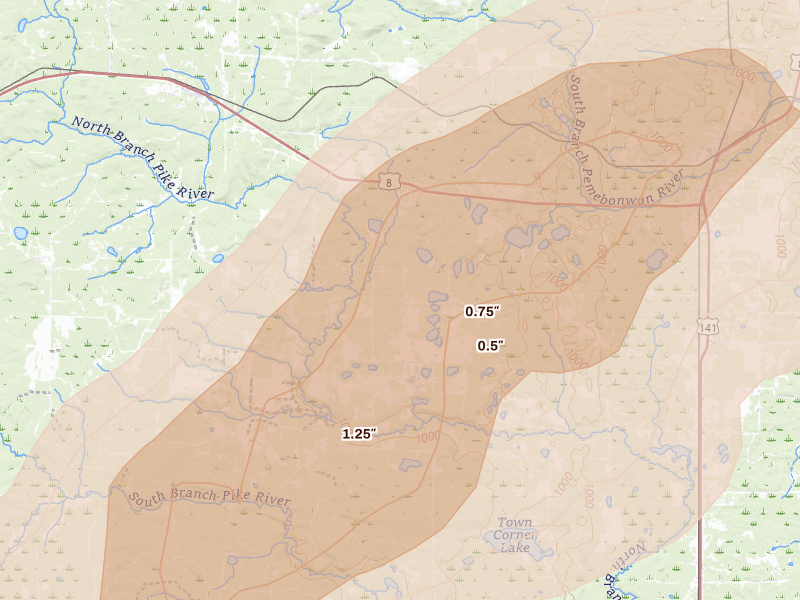Radar-estimated hail-size map of the storm over Dunbar, WI on Jun 30, 2026