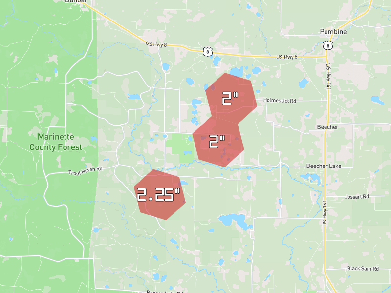 Hail map of Dunbar, WI on Jun 30, 2026, hail up to 2.25"