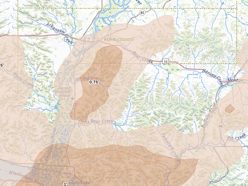 Radar-estimated hail-size map of the storm over Durand, WI on Apr 13, 2026