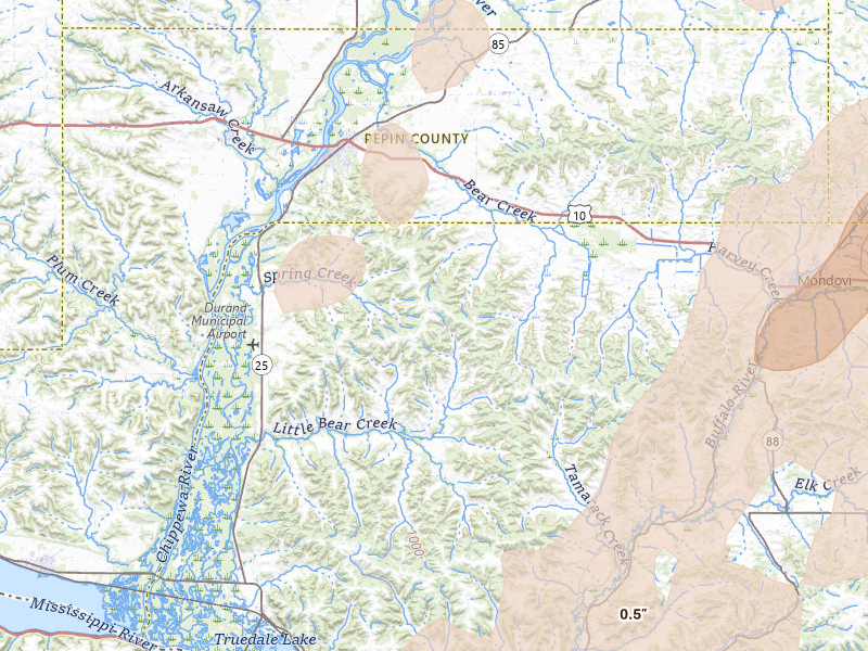 Radar-estimated hail-size map of the storm over Durand, WI on Jun 9, 2026