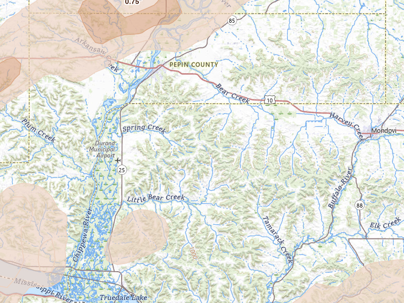 Radar-estimated hail-size map of the storm over Durand, WI on Jun 10, 2026