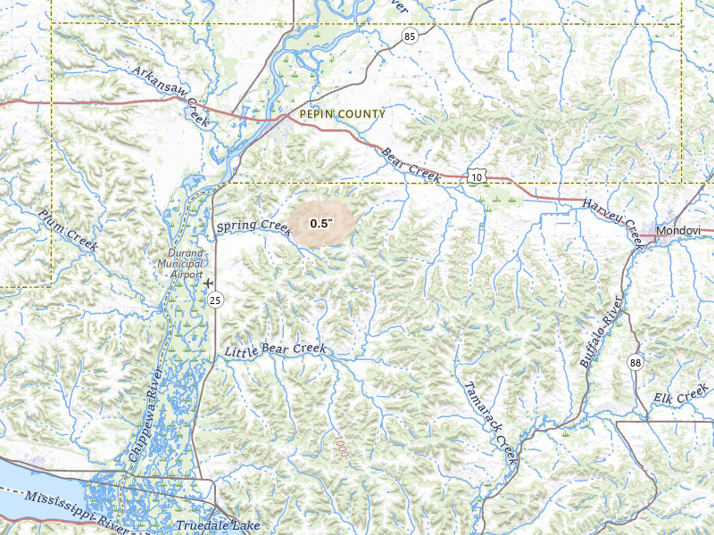 Radar-estimated hail-size map of the storm over Durand, WI on Jul 16, 2026