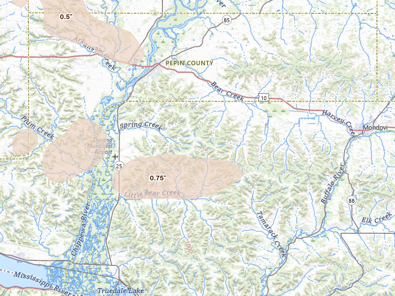 Radar-estimated hail-size map of the storm over Durand, WI on Jul 17, 2026